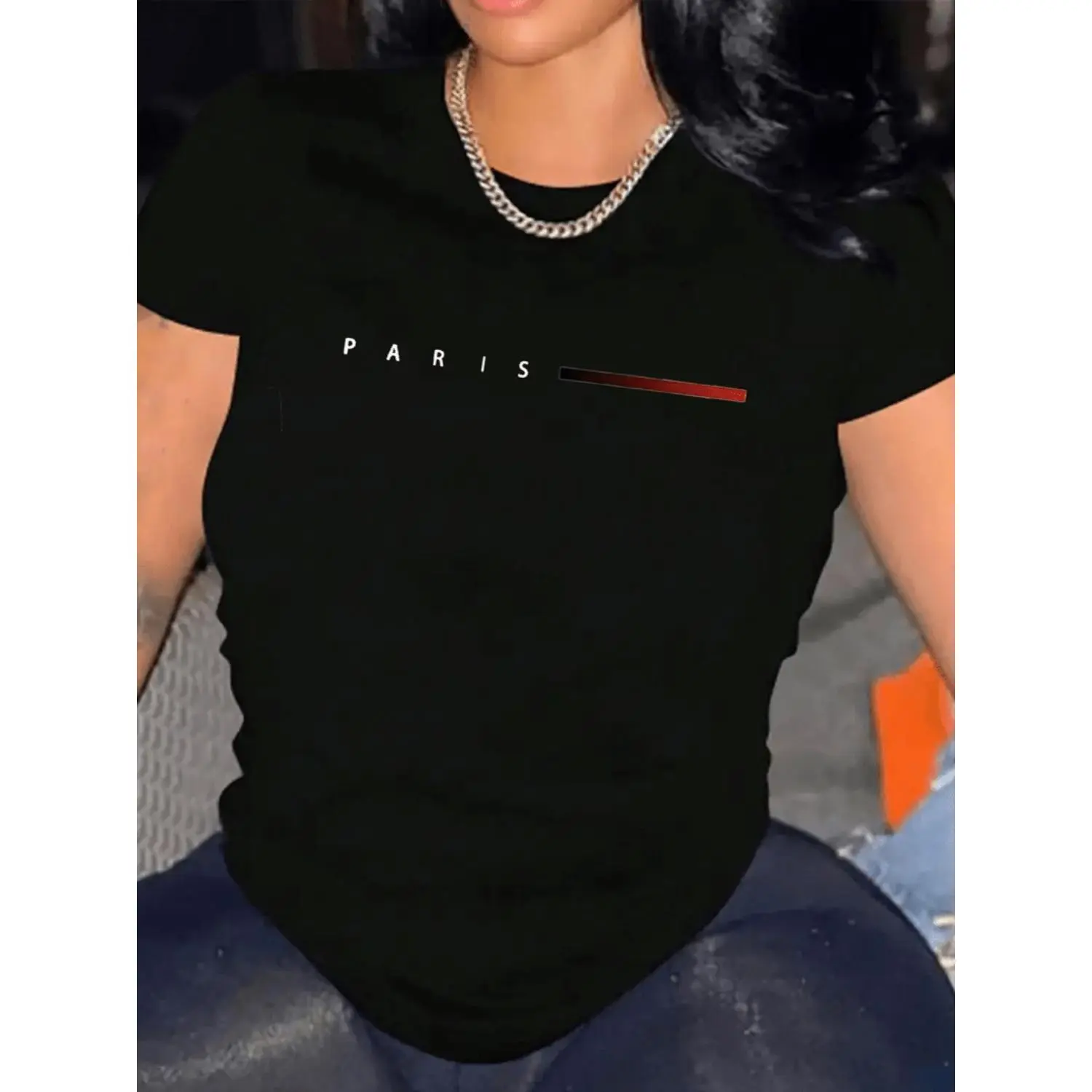 Womens Paris Flag TShirt Comfortable Crew Neck Casual Cotton Blend ShortSleeves Soft Breathable Top Womenswear Tshirt Summer Spring Streetwear Fabric Trendy Letter Print