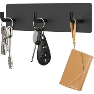 Holder Wall Mount, Small Metal Self Adhesive Key Hanger with 3 Hooks, No Drilling, Extra Adhesive Strip, Black