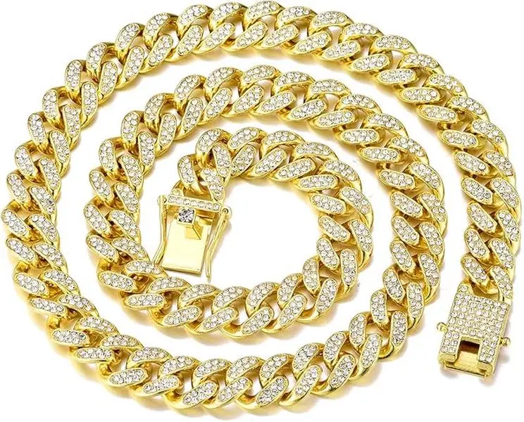 Men's 13mm Cuban Link Chain, Chunky Gold or Silver Plated Iced Out Necklace, Hip Hop Fashion Jewelry for Daily Wear, 16-20 Inch, Miami Cuban Chain, Bling Links, Unisex Adults