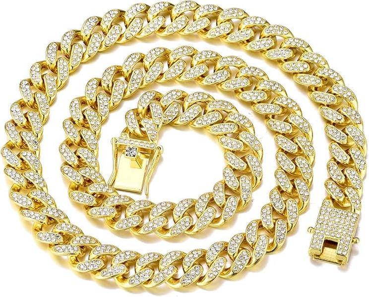 Mens Cuban Link Chain Gold Silver Plated Bling Miami Cuban Necklace Diamond Chain for Men 13MM Iced Out Hip Hop Jewelry 16-20inch