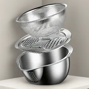 3-In-1 Stainless Steel Multi-Functional Strainer Set Includes Basin Sieve Cutter Ideal for Washing Rice Fruits Vegetables Kitchen Essentials Sturdy Utensils Lightweight