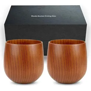 Handcrafted Wooden Bourbon Glasses Set of 2 – Hand-Carved Whiskey Tumbler, Flavor-Enhancing Oak Barrel Design, Unbreakable Old Fashioned Glass for Men – Luxury Gift Box Included