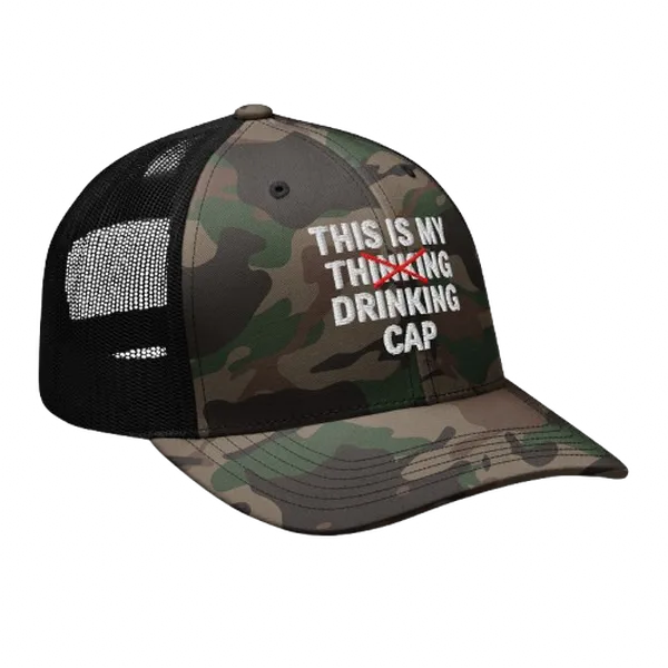 Camo Drinking Hat - Structured 6-Panel Cap with Adjustable Plastic Snap - 100% Cotton Front & Polyester Mesh Back - One Size Fits Most