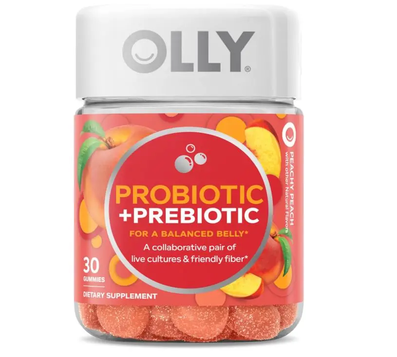 Olly, Probiotic + Prebiotic Gummy, 500 Million CFUs, Fos, Adult Chewable Supplement for Men and Women, Peach Flavored, 30 Day Supply, 30 Count