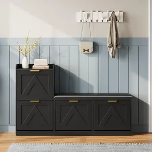 Garvee Shoe Storage Cabinet with Bench, 4 Flip-Drawer Entryway Shoe Organizer with Adjustable Left/Right ,Cushioned Seat & Removable Shelves, Narrow Hallway Storage for 35-40 Pairs, Black