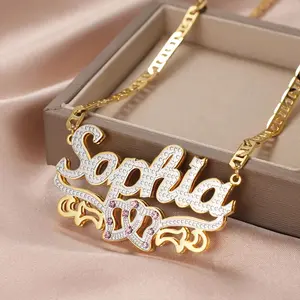 Dascusto Personalized Nameplate Name Necklace Custom 3D  Double Diamond Choker Pendant Two-Tone  Chain For Women