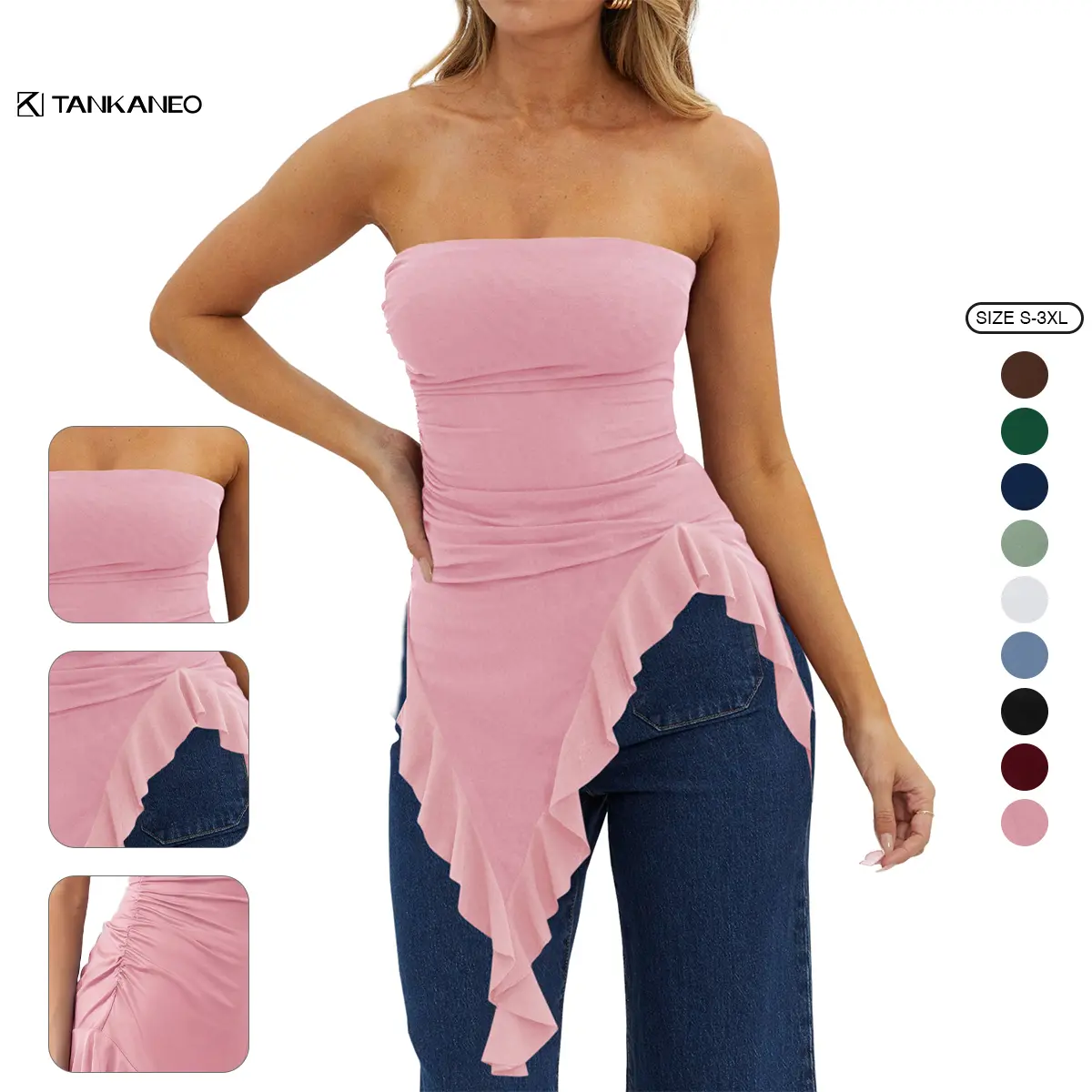 Tankaneo Womens Strapless Tube Tops Summer Asymmetrical Long Ruched Mesh Shirts Cute Y2k Ruffle Hem Going Out Bandeau Top