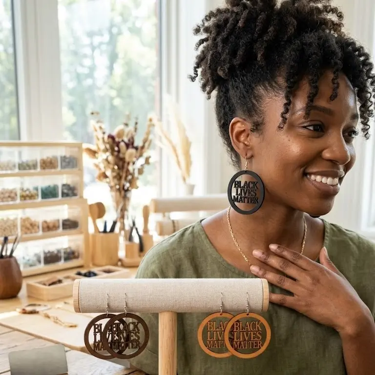 LOCSANITY 'Black Lives Matter' Statement Artisanal Handmade 3-Pack Wooden Mini Hoop Earrings Bundle for Ear Stacking, Alternative Earrings Accessories Bundle