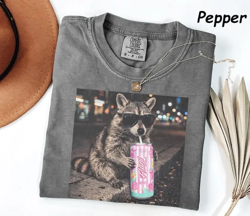 Comfort Colors Raccoon Cotton Candy Drink Graphic Tee, Fun Animal Lover Shirt, Vintage Raccoons Shirt, Funny Meme Genz Dank Raccoons Shirt