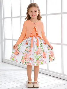 Two-Piece Girls' Dress Set with Cardigan, Soft and Breathable, Casual Slim-Fitting Suit, Solid Pattern, Perfect for Any Occasion, Summer Dress