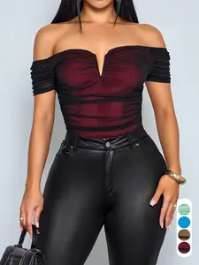 Women's Sexy Casual Knitted Tight-Fitting Mesh Jumpsuit Overalls, Shoulderless Short Sleeve, Spring Summer for Travel Party Beach