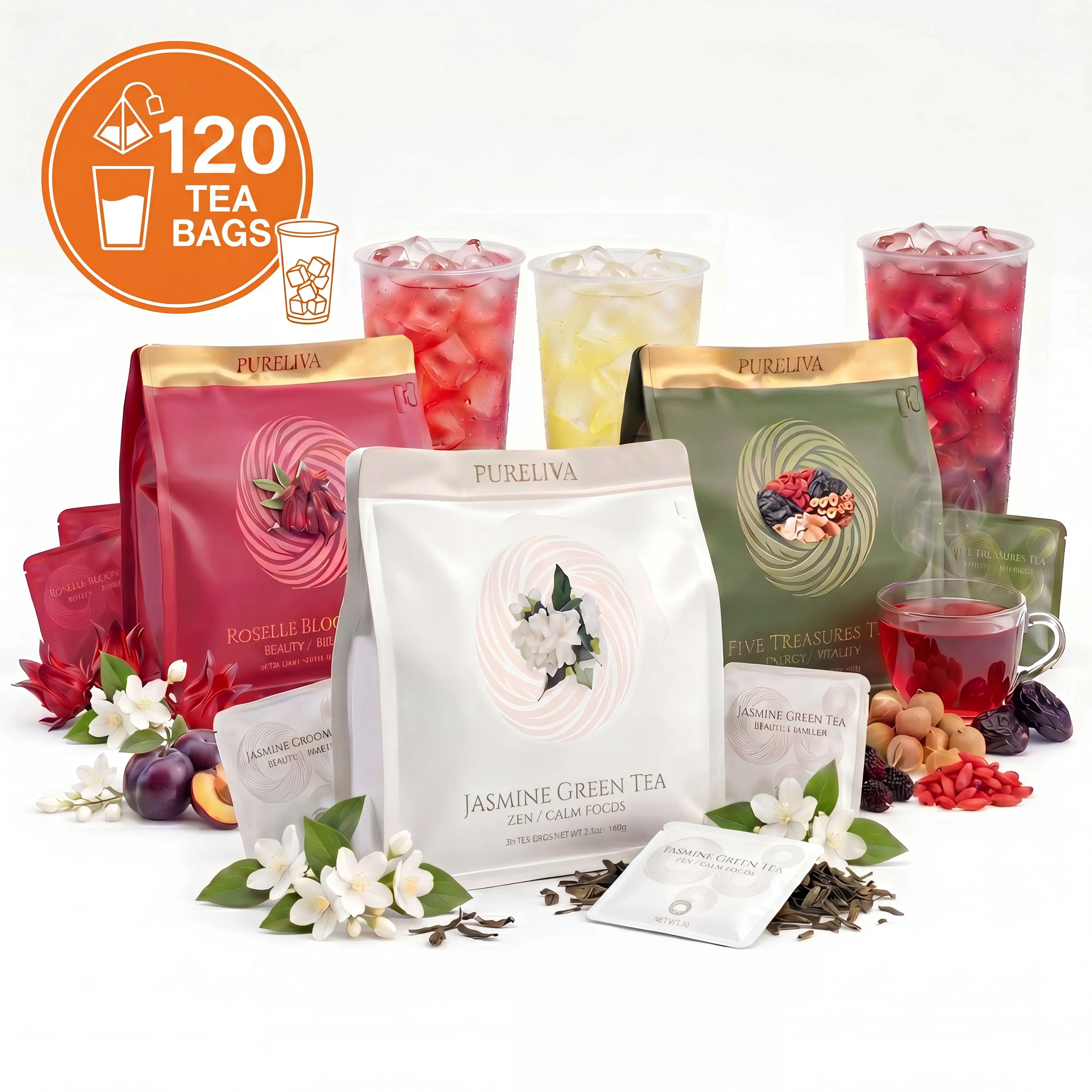 120 Tea Bags PURELIVA Herbal Tea Bags, 4 Flavor Tea Variety Pack, Cold Brew & Hot Brew Tea, Five Treasures Tea, Lemongrass Tea, Roselle Bloom Tea & Jasmine Green Tea, 60 Tea Bags with Tea Tumbler