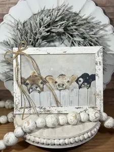 Farmhouse Calf Trio Farmhouse Kitchen Sign Rustic Distressed 8"x6" with Rustic Beads and Twig Accents
