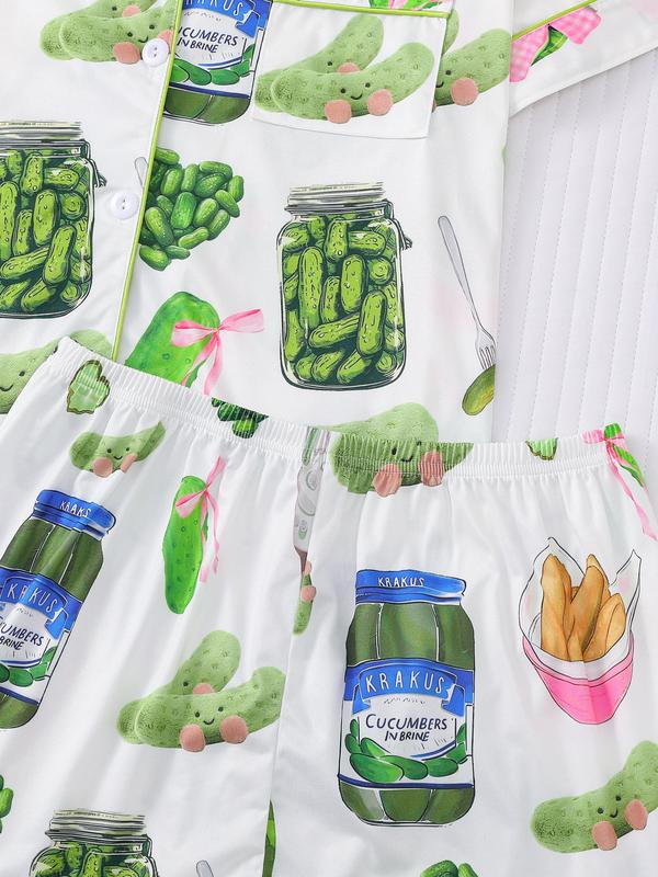 Elegant women's sleepwear set with knitted fabric short sleeved button top and shorts, pickled cucumber print home clothes, casual one-piece cartoon pattern sleepwear combination, lemon design essential short sleeved fashionable women's pocket style Elegant women's sleepwear set with knitted fabric short sleeved button top and shorts, pickled cucumber print home clothes, casual one-piece cartoon pattern sleepwear combination, lemon design essential short sleeved fashionable women's pocket style