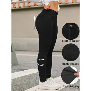 Women's Waisted Skinny Jeans - Classic Blue, Stretchy Fabric, Zipper Fly, Back Pocket, Casual All-Season Wear, Skinny Jeans Fit Spandex Bottom Woven Solid Womenswear Pants Trouser Denim Streetwear