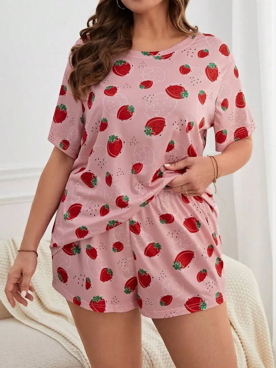 JOYCE Plus Strawberry Print Tee & Shorts PJ Set / Pajama Set