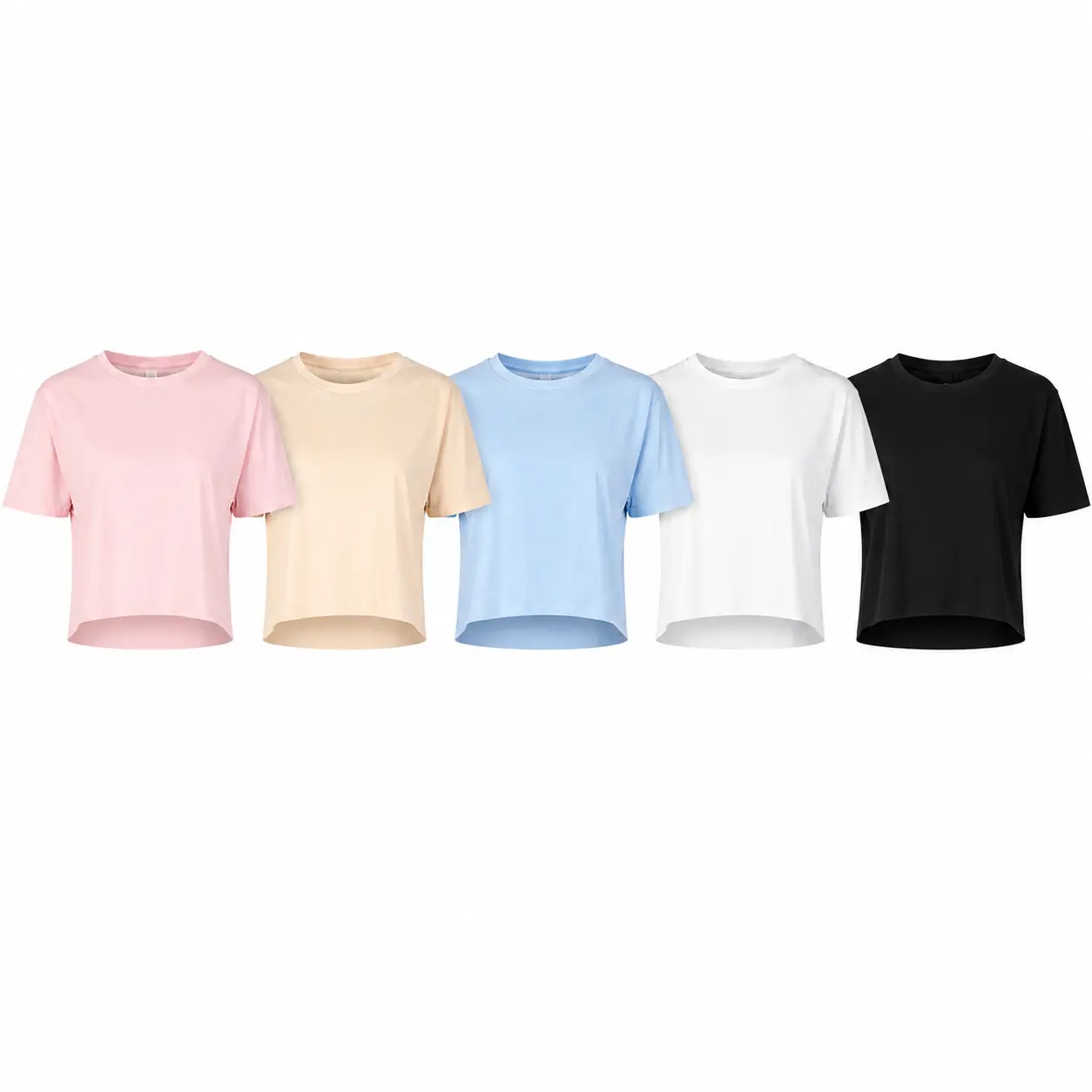 Women's 5-Piece Crop Tee Set, 100% Cotton Solid Plain Short-Sleeve Round Neck Tops, Thin Fit Simple Cut Breathable Casual Daily Wear, All Black