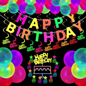 Glow Party Supplies SetNeon Birthday Banner, UV-reactive Cake Topper & Glow-in-the-Dark Balloons