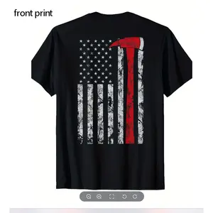 Men's Thin Red Line Firefighter T-Shirt - Black Tee with Red Stripe & Axe Symbol - Heavyweight  Crewneck Shirt - Loose Fit Patriot Apparel for Firefighters, Supporters - Machine Washable Casual Top, Patriotic Clothing, American Flag Design,front print