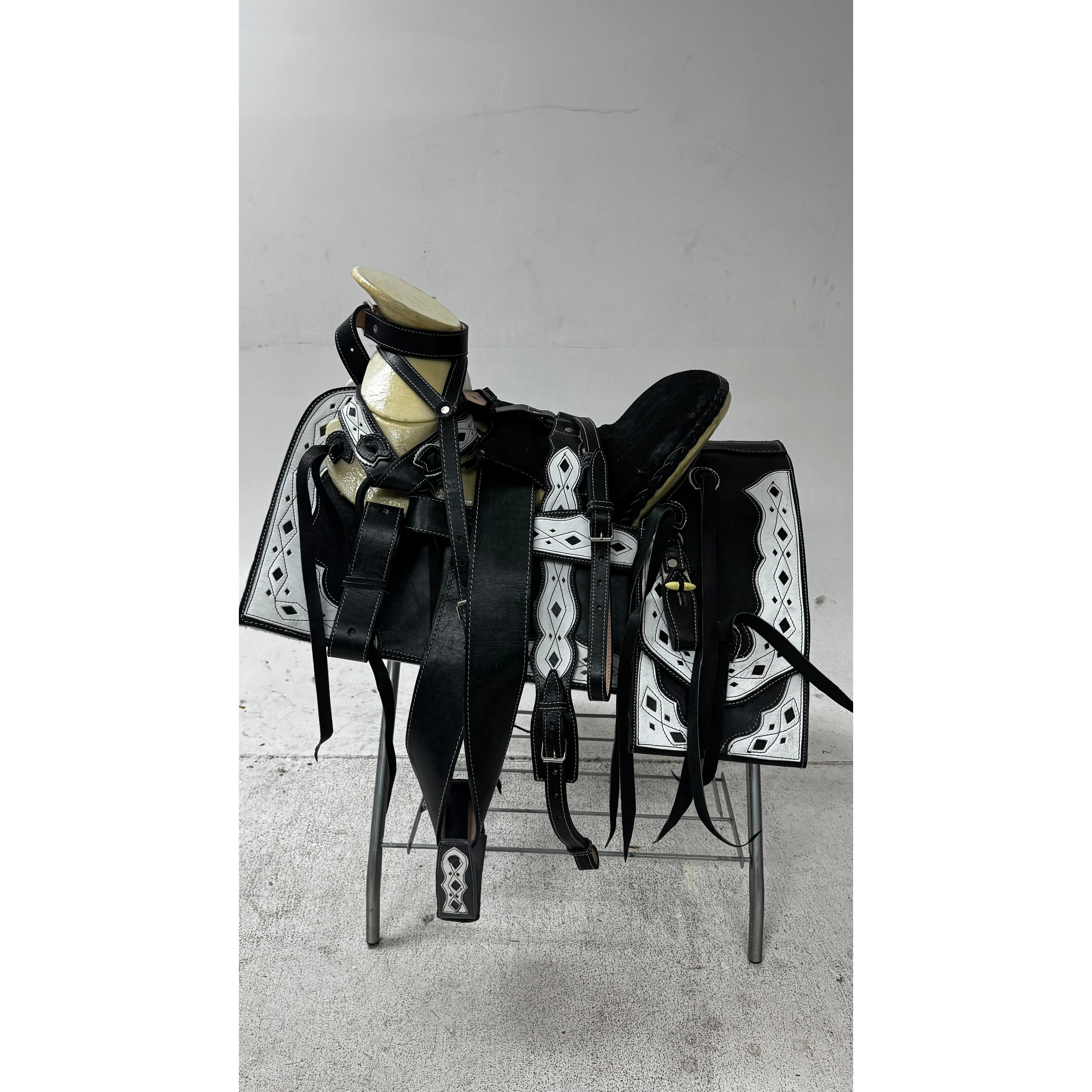 Charro Saddle – Black Leather with White Inlays (15.5”) “La Sombra”