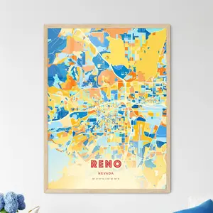 Colorful Reno Nevada Blue Orange Fine Art Print Usa City Map Customizable Poster Unique Wall Decor Personalized Gift