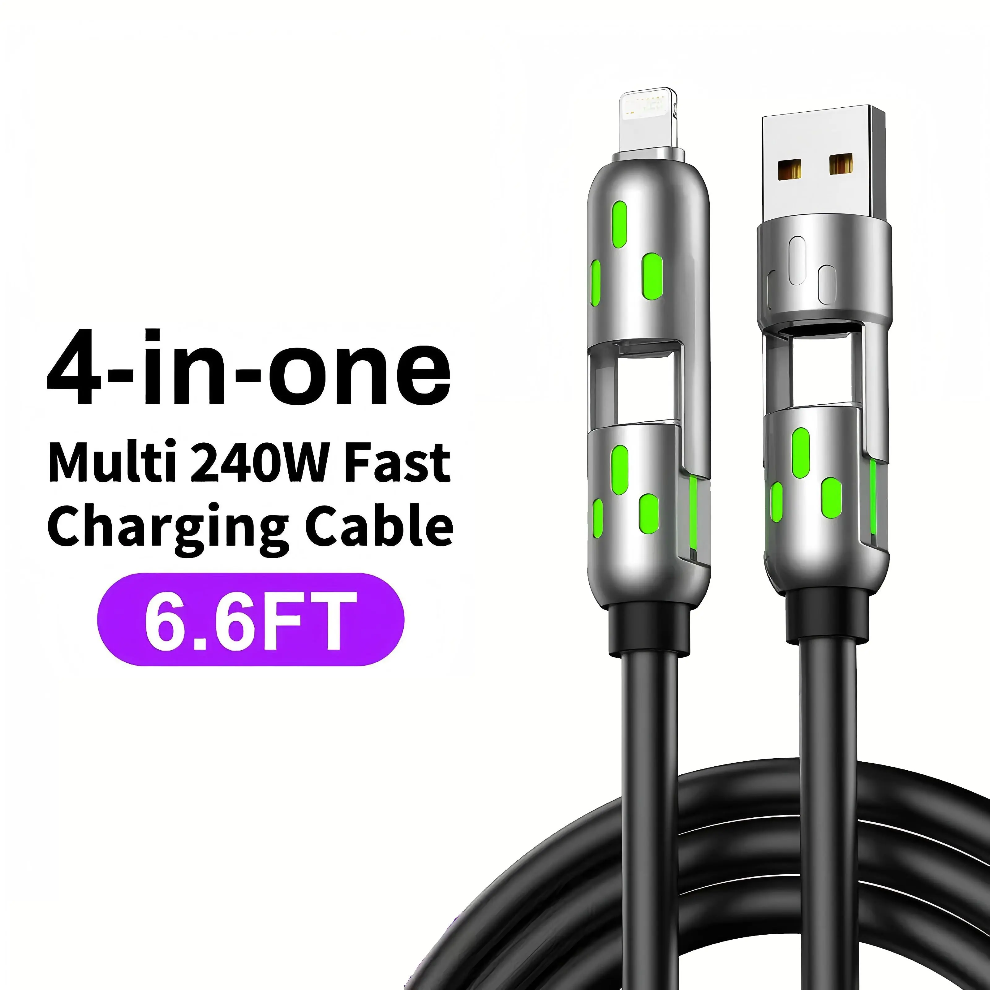 6.6ft 4-in-1 Multi USB ChargingCable with USB A,Type C,Lightning-MAX65WFast Charging & Data Sync for iPhone16/15,iPadPro, fast charger usb cable 4-in-1 fast BreathingLight -max 1 usb-c data 4 1 charging cable