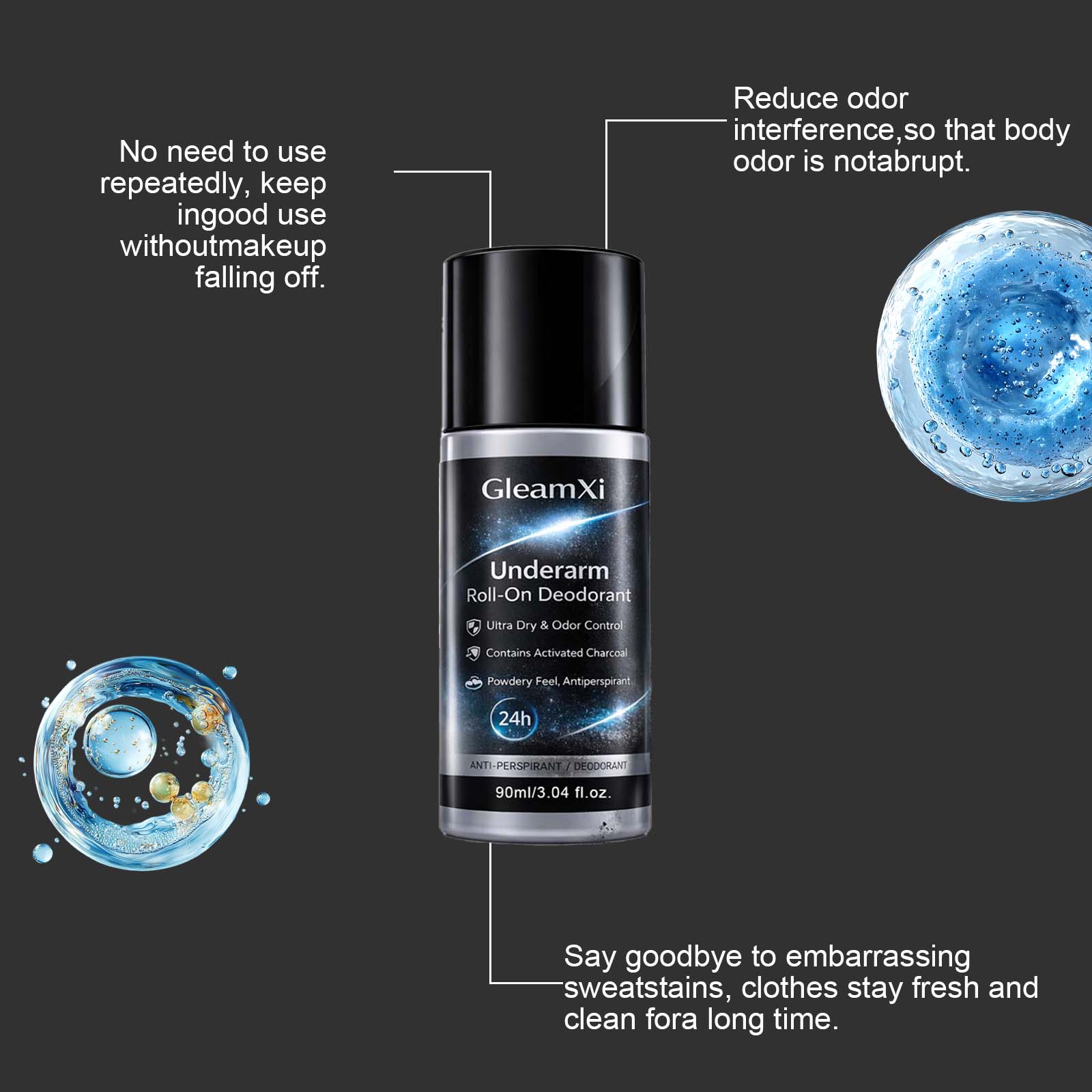 Underarm Roll-On Deodorant 24H Long Lasting Antiperspirant with Activated Charcoal Aloe Vera for Daily Use Ultra Dry Odor Control Gentle Skin Friendly Deodorant for Men Women