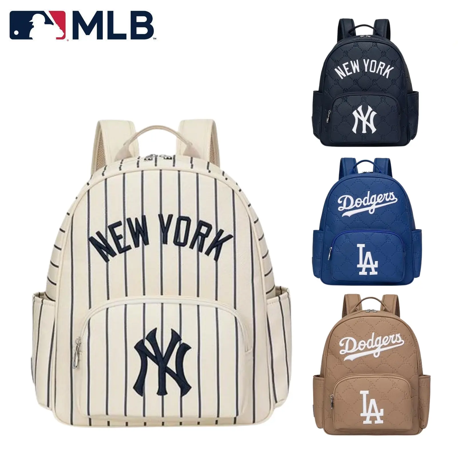 MLB PU Leather Backpack with NY Embroidered Logo, Striped Design, Faux Leather Casual Bags for School-Travel Use, Functional Backpacks for School