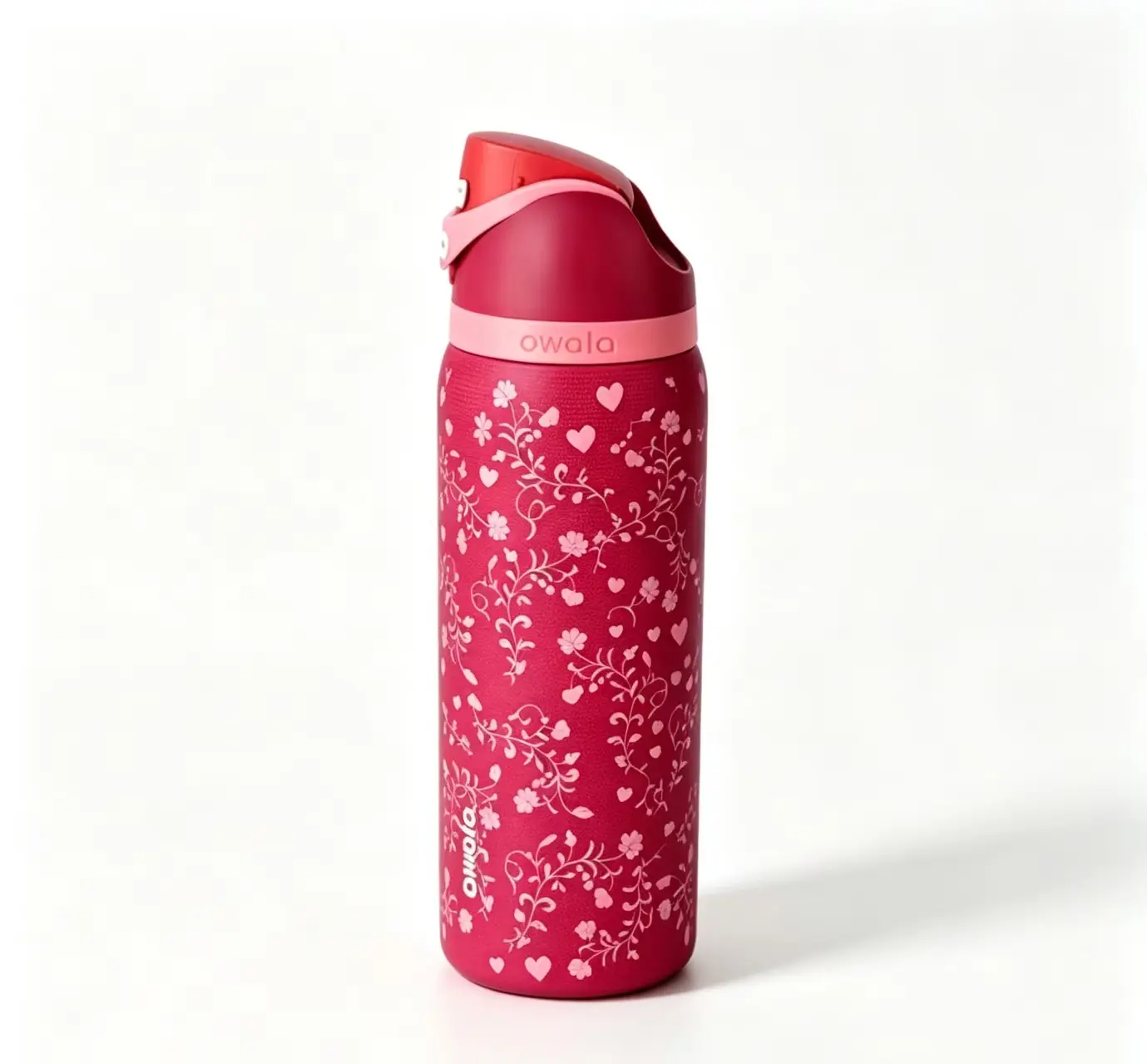 Owala 32oz Freesip Thermal Insulated Stainless Steel Water Bottle - Special Edition Romantic Red Floral & Heart Pattern Wide Mouth Tumbler with Flip Straw Lid, BPA-Free Leakproof Vacuum Flask for Gym, Outdoor Use