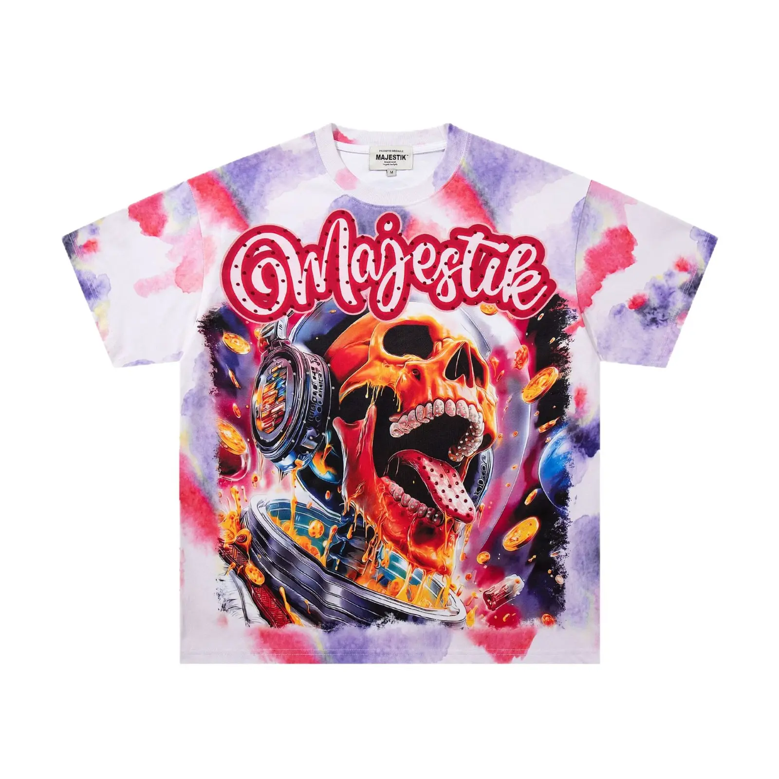 Extra Baggy Watercolor Tie Dye Skull Astronaut Print Tee w/ Rhinestone, Retro Faded, 2000s Retro Dopamine Maximalist Urban Street Style, For Men & Women Edgy Cotton Top for Warm Weather Daily Outfit