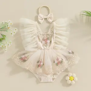 Infant Baby Girl Romper Embroidery Flower Lace Baby Tutu Dress Romper Baby Girl Festival Clothes with Bow Headband