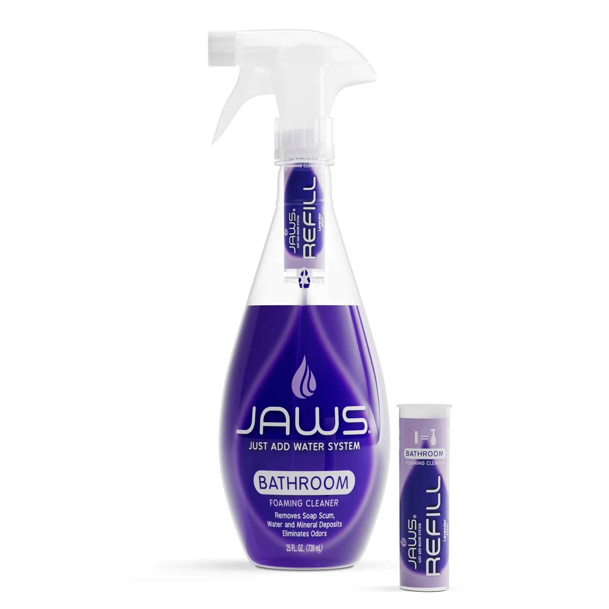 JAWS Foaming Bathroom Cleaner Bottle with 2 Refill Pods - Eco-Friendly Refillable System - Streak-Free - Lavender Fragrance Just Add Water
