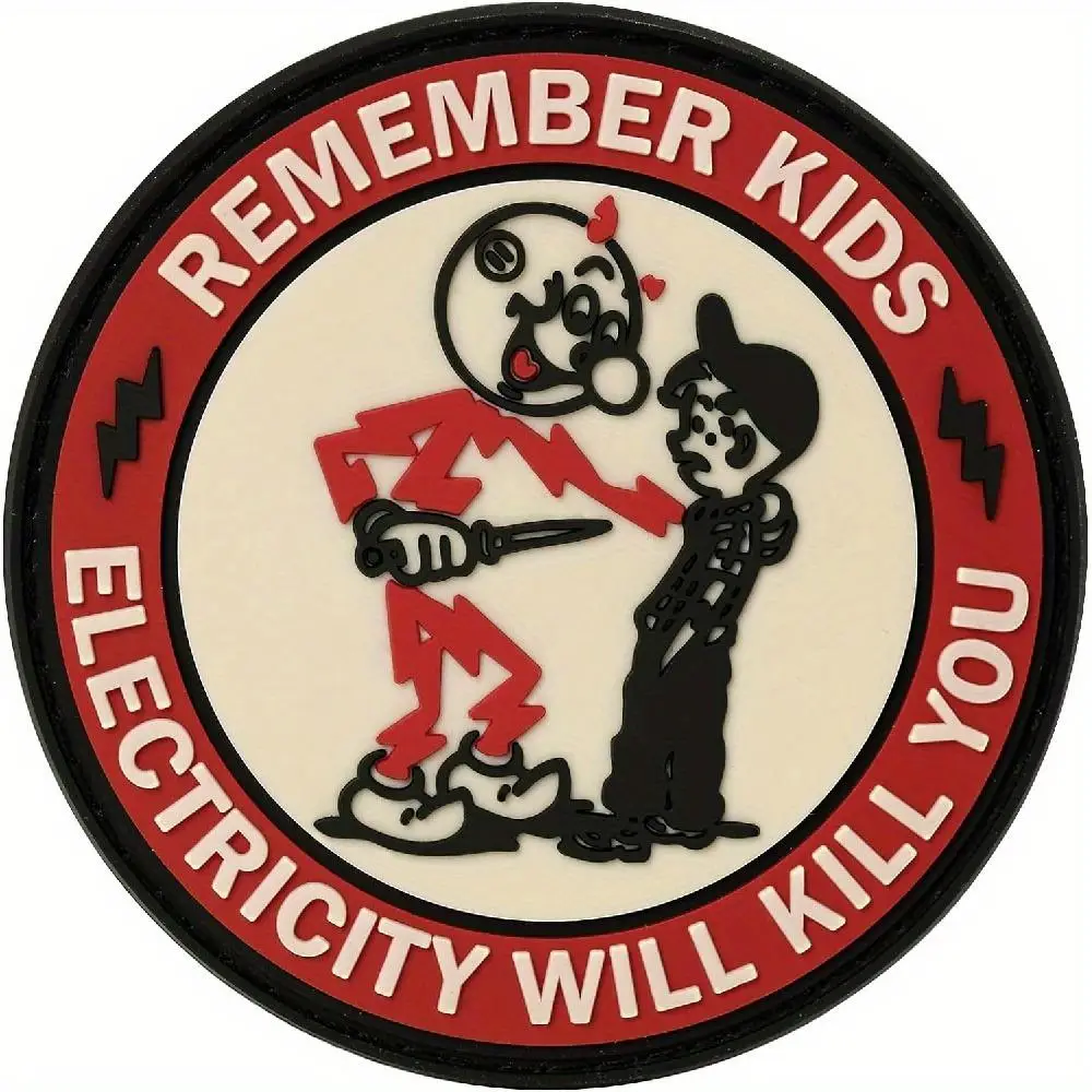 Cartoon Warning Themed Pattern Patch, Funny Remember Kids Electricity Will Kill You Letter Pattern Clothing Patch, Sewing Accessory for Backpacks, Har