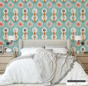 Teal Blue Retro Cowboy Wallpaper: Geometric & Stars Design for Boho Homes