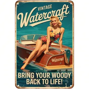 Vintage Aluminum Metal Sign 8x12 Inch with Classic Boat and Retro PinuP Girl Art for Home Bar Garage or Man Cave Rustic Nautical Wall Decor Signage Novelty Decor