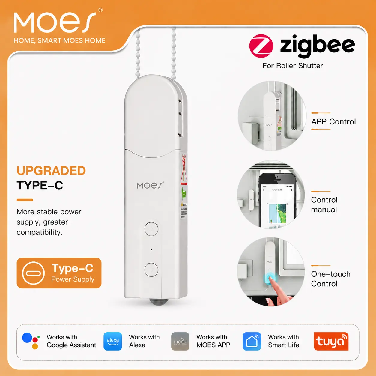 MOES ZigBee Wireless Metal Smart DIY Beaded Chain Curtain Motor - Solar Powered Auto Position Device with 2.4G Wi-Fi, Max 7.7 lbs Load, Timer, Charger, Batteries, Tuya/Smart Life App, Alexa/Google Home Voice Control, Remote (Hub Required)