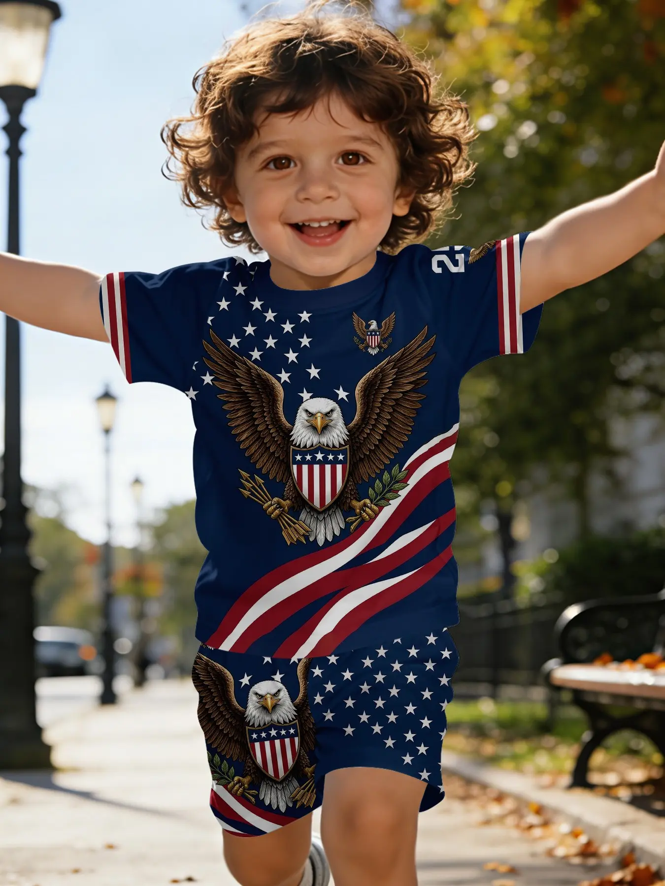 Eagle Badge Star-Spangled Digital Printed Toddler Short-Sleeve Summer Clothing Set for Boys, Casual Baby Kids' Clothing, T-shirt Suitable for Daily Wear and Outdoor Activities. 100% Polyester, Perfect Gift for Infants and Toddlers!