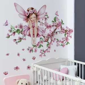 A (30*60cm) pink peach blossom tree butterfly fairy luminous wall sticker for living room, bedroom and home background decoration Decorative Stickers M19000-NC