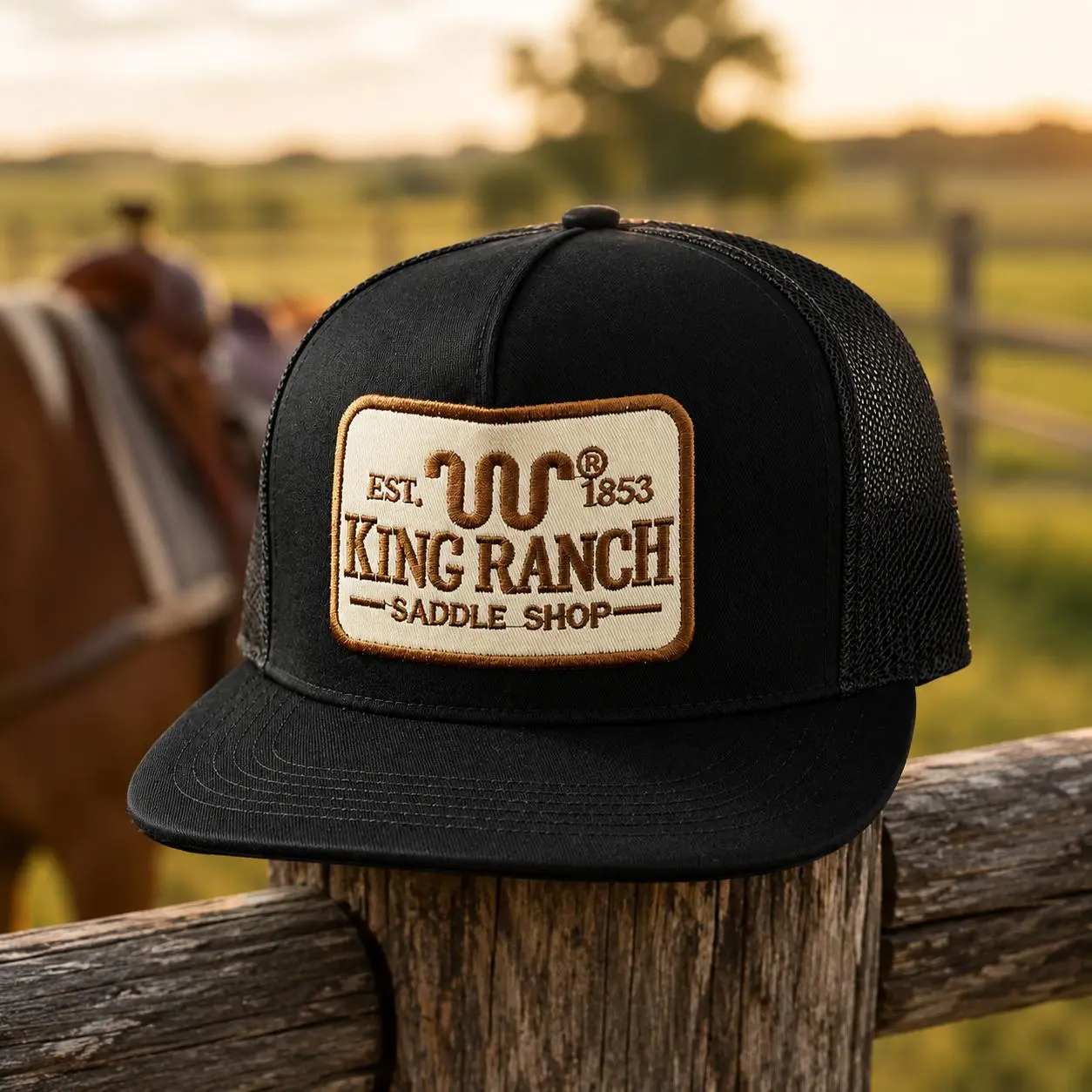 [Buy 1 get 1 FREE ] King Ranch Saddle Shop Embroidered Trucker Hat, Black Mesh Snapback Cap for Men, Western Ranch Style Flat Bill Hat, Country Cowboy Outdoor Hat Gift for Him
