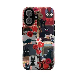 Cute Black Cat Collage Phone Case – Kawaii Cat with Red Hearts, Roses, and Bow Tie – Adorable Protective Cover for iPhone 7–16, Samsung S21–S24, Google Pixel