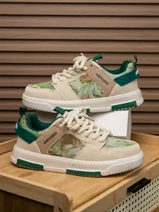 Men's Unique Design Oil Painting Print Patchwork Design Sneakers, Canvas Letter Patch Thick Hemp Rope Laces, Flat Wear-Resistant Height-Increasing Casual Sports Shoes