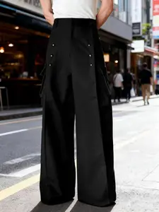 Men's Wide Leg Work Pants, Multi-Button Design Trendy High Street Casual Style Long Pants, Large Pockets Loose Fit Versatile, Casual Fashionable Pocket