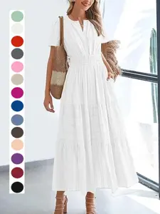 2026 Women's Summer Casual Maxi Dress, Lightweight Short Sleeve V Neck Bohemian Boho Dress with Pockets, Perfect for Outdoor Fun