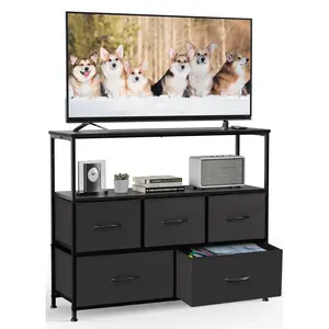Lockers for Bedroom with 5 Fabric Drawers, Tall Chest Organizer Units for Clothing, Closet, Kidsroom, Storage Tower with Cabinet, Metal Frame, Lightweight Nursery Furniture
