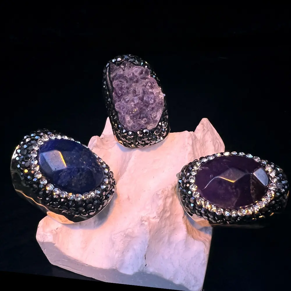 Natural amethyst open ring vintage large lapis lazuli wide face, adjustable medieval ring