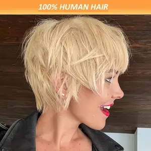 New Wholesale Hot 613 Blonde Pixie Cut Wig Women'S 180% Density Brazilian Remy Human Hair Wig Straight Honey Blonde Pixie Cut with Bangs Elegant Layered Style for Casual & Formal Outfits, Versatile Hairpiece, Sleek Hairpiece, Natural Look Hairpiece