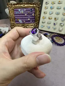 Copper, silver-Pleted  natural gemstone Amethyst ring adjustable size,