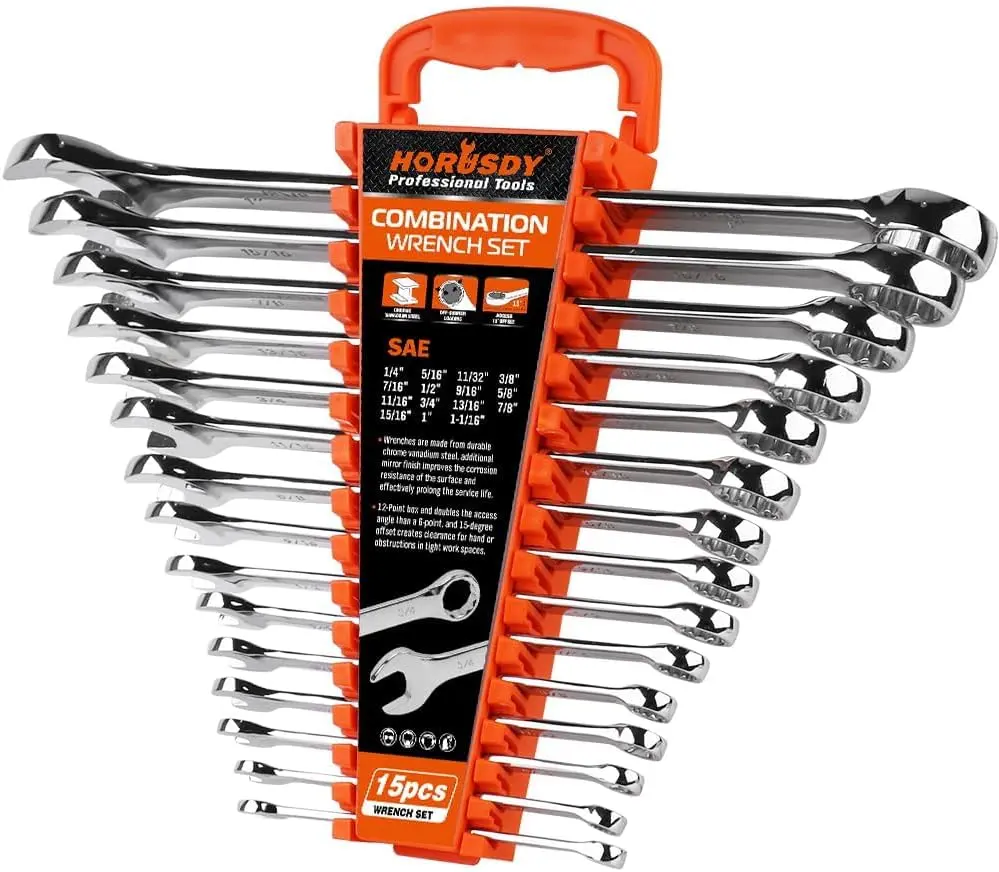 HORUSDY 15-Piece SAE Wrench Sets, Premium Combination Wrench Set Metric 1/4in-1 in, Max Torque, 12-Point, Chrome Vanadium Steel, with Storage Rack