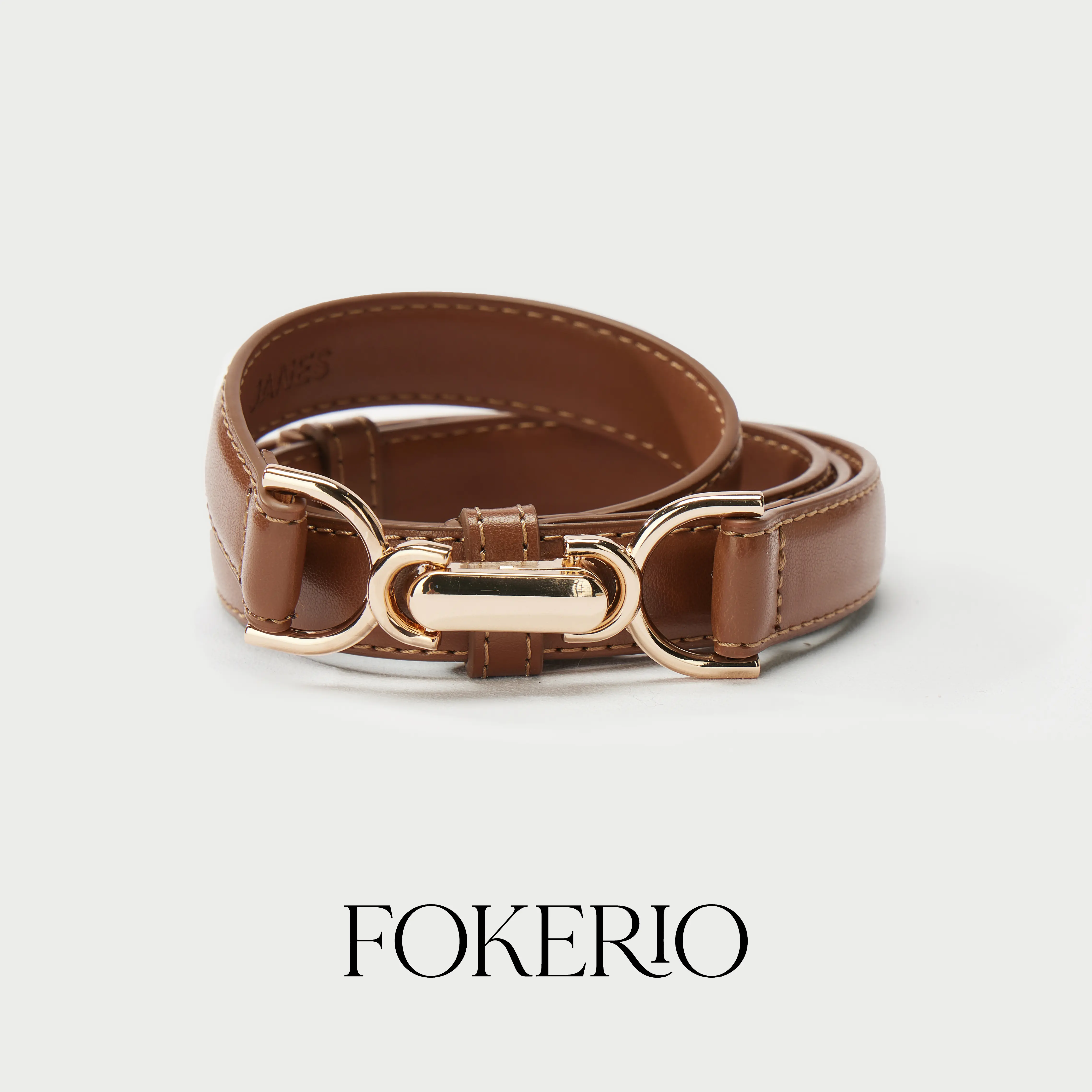 FOKERIO Women's Skinny Leather Belt Genuine Leather Women's Belt for Pants Skirts and Dresses Interlocking Gold Belt Buckle Elegant Dress Belt for Work