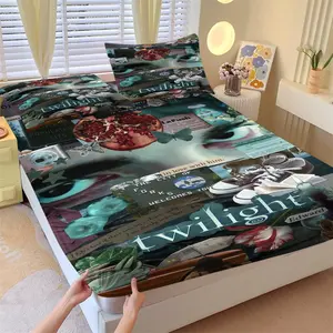 Twilight Saga Collage Fitted Sheet Set (3-Piece, 1 Fitted Sheet + 2 Pillowcases), Bed Sheets Set, Movie & Book Print, Soft Bedding, Perfect for Vampire & Romance Decor, Ideal Gift for Twilight Enthusiasts